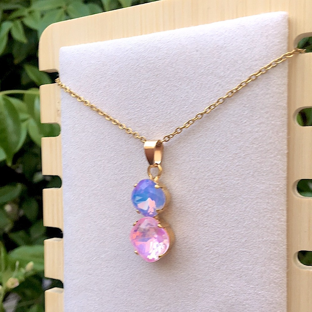 Pink + Periwinkle Purple Blue Opal Aurora Borealis + Gold Drop Pendant Necklace - Picture 5 of 12